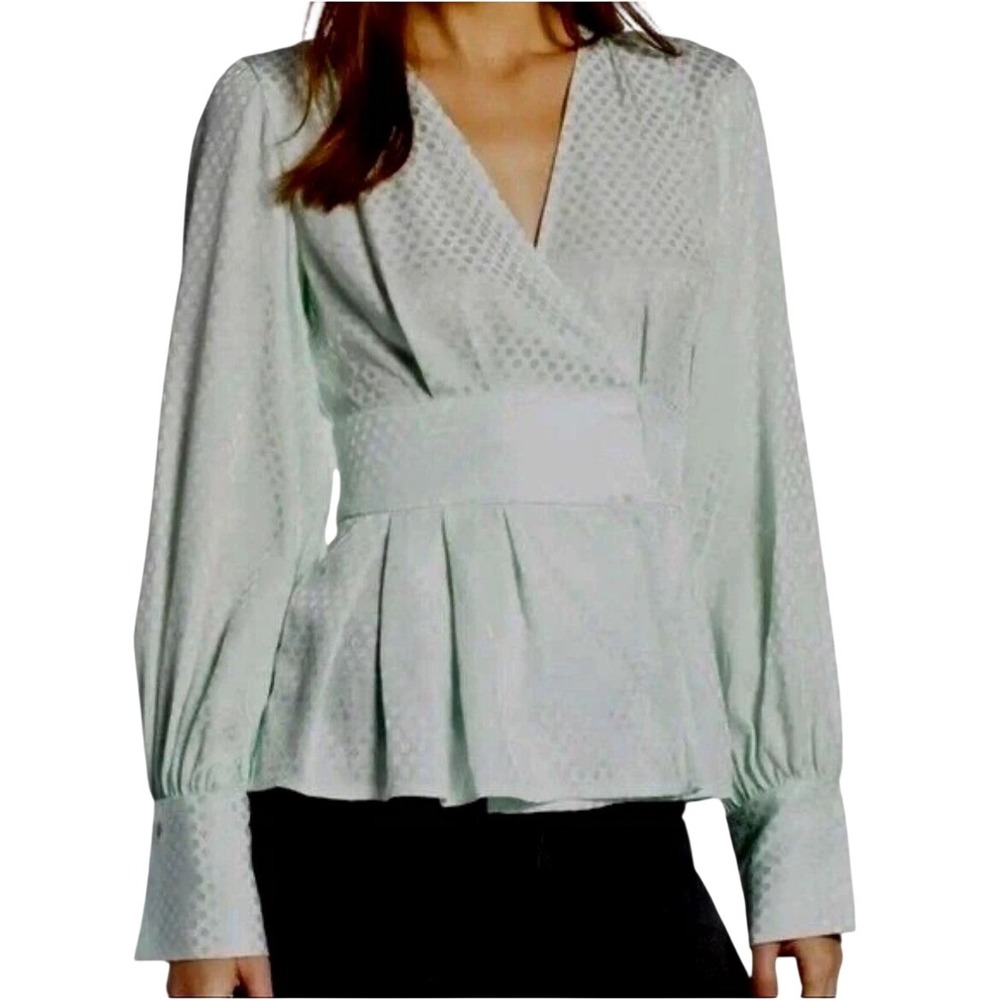 Something Navy Blouse‎ Women XXS Mint Green Jacquard Polka Dot Peplum Wrap Top